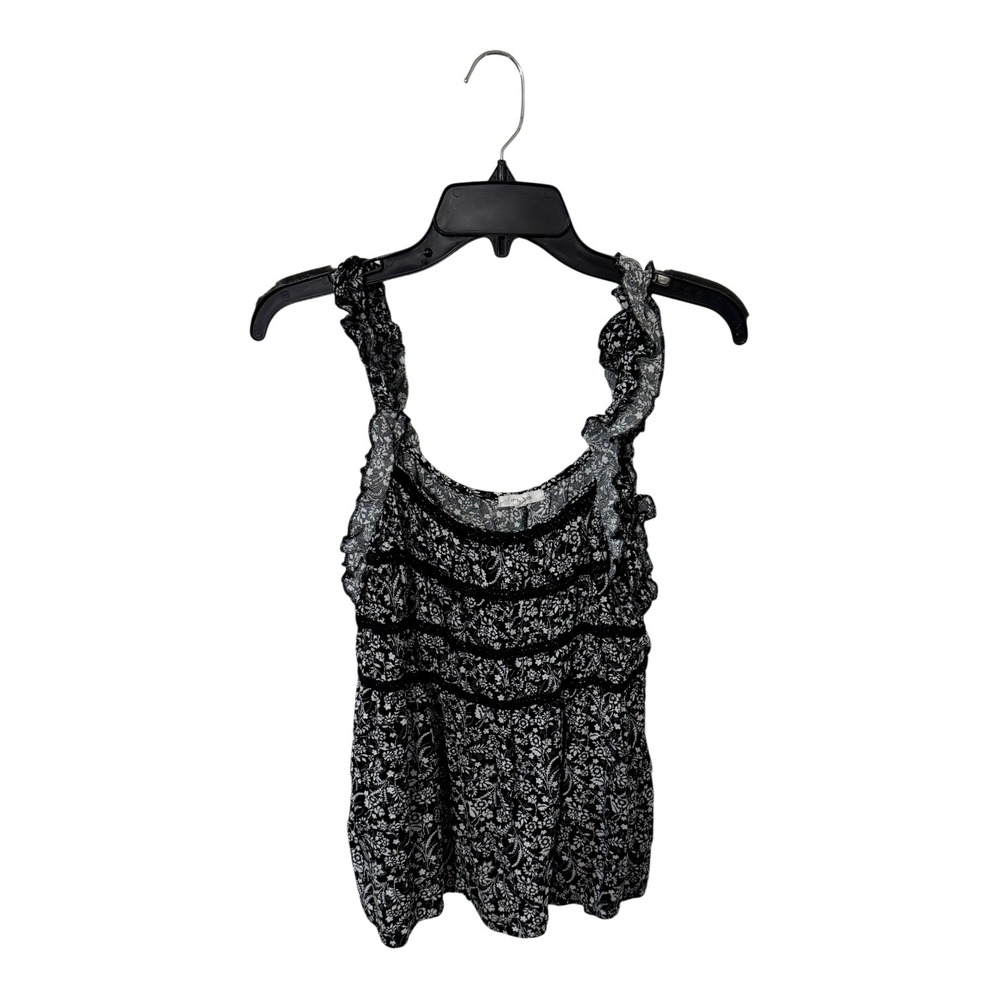 Maurices Womens Small Black White Floral Ruffle Strap Lace Trim Tank Top Blouse